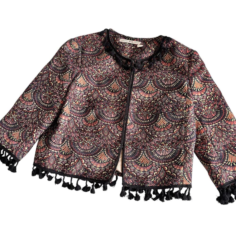 Chelsea & Violet Brocade Jacquard Tassel Bolero Jacket Womens Small Boho Fringe